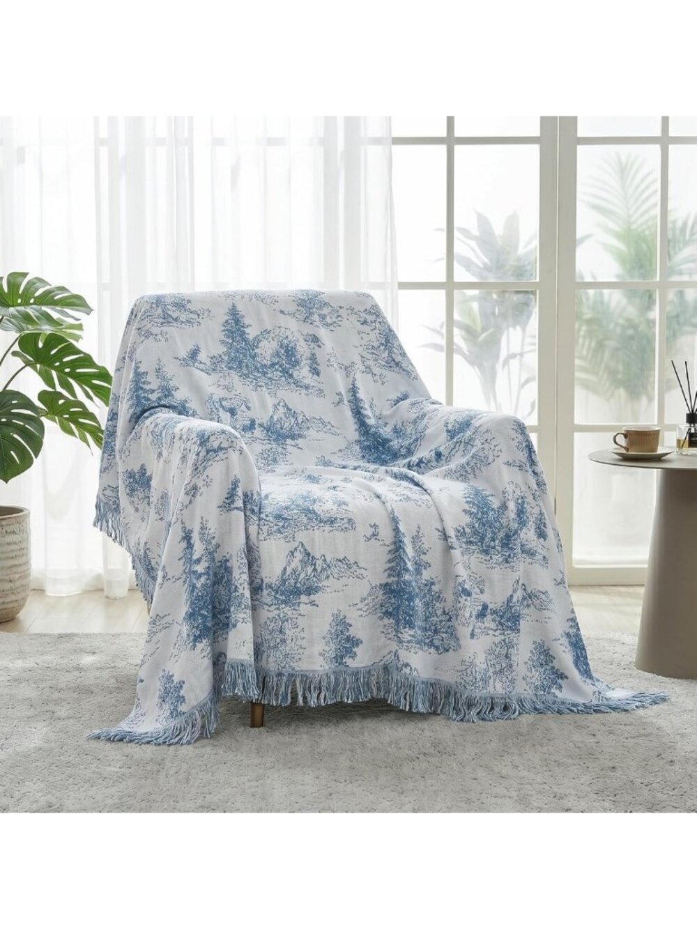 Cozy Boho Cotton Throw Blanket, Woven Landscape Design, 50"x60", Home Decor